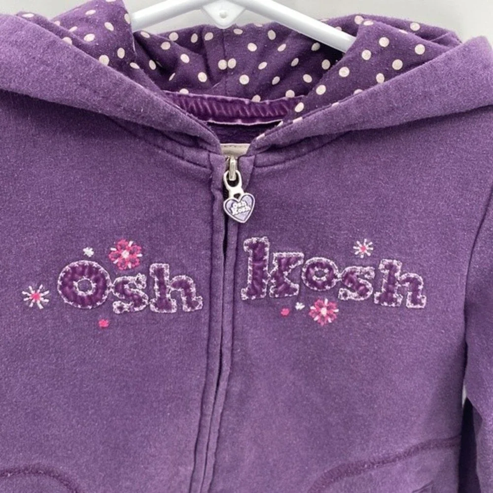 Oshkosh Girls Purple Full Zip Hoodie Sweatshirt size 4 Cozy Floral Polka Dot